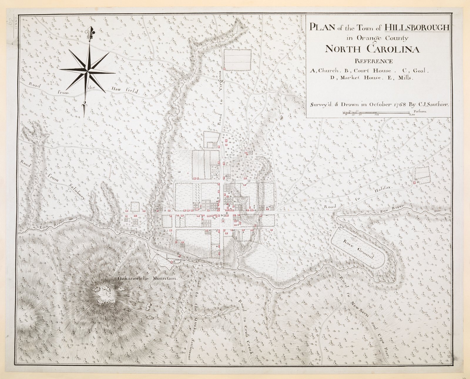 Claude Joseph Sauthier's 1768 Plan of the Town of Hillsborough, showing the Eno River, the crossing roads, and a compass rose